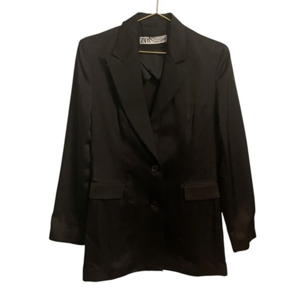 Zara Black Wool Blend Satin Finish Blazer Jacket Womens XS Professional Solid